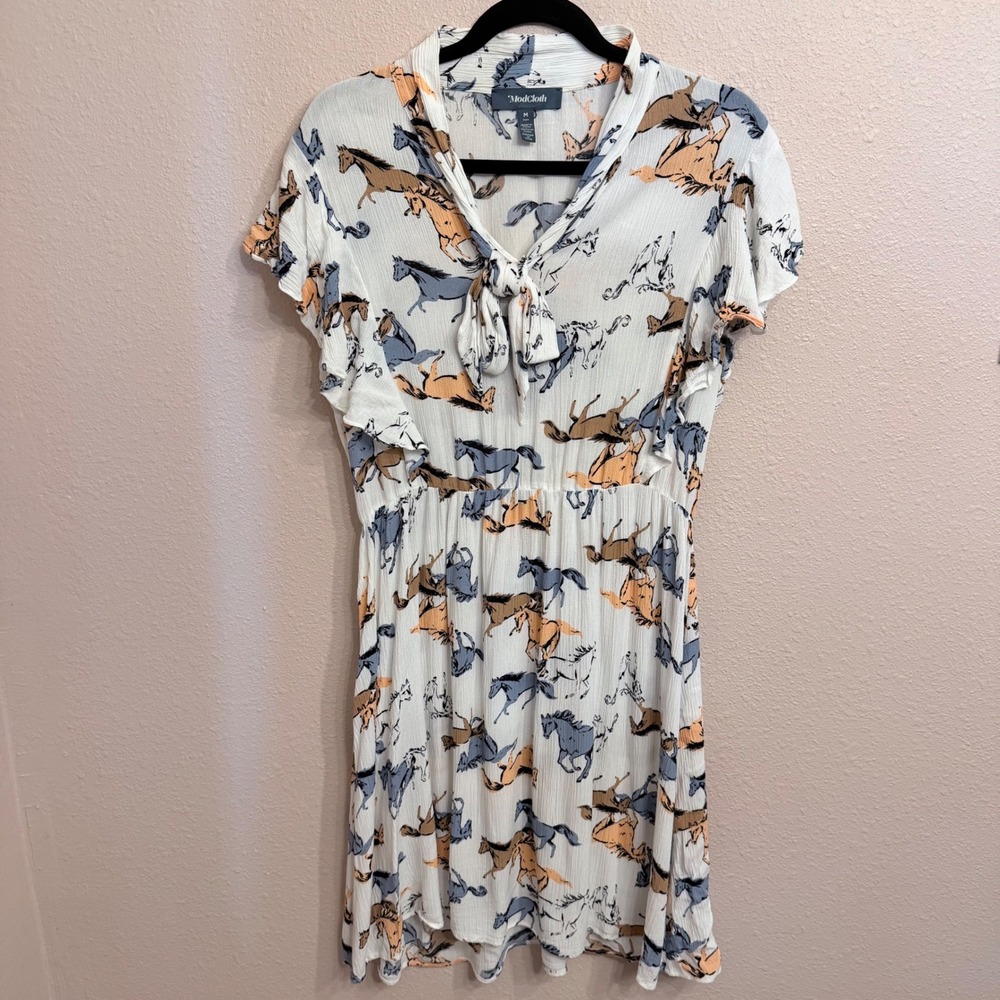 ModCloth White Horse Print Tie Neck Flutter Sleeve Fit Flare Dress Womens Medium